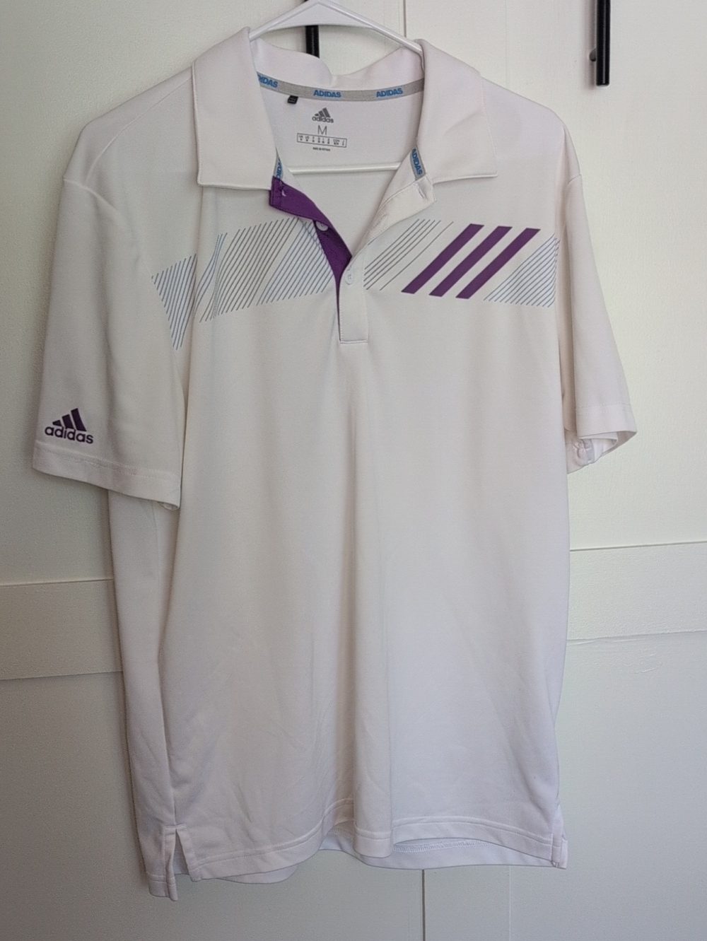 adidas White Polo Shirt with Purple Stripe Accents